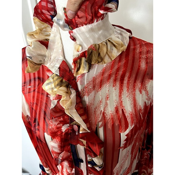 NWT Vintage '06 Roberto Cavalli Silk red blue Mousseline Ruffled Blouse Sz S - Picture 6 of 13